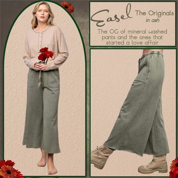 easel Pants - EASEL "The Originals" Mineral Washed Wide Leg Drawstring Pants Pockets Raw Hems